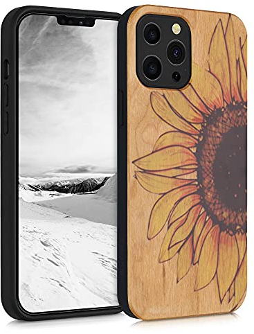 kwmobile Wood Case Compatible with Apple iPhone 13 Pro Max Case - Cover - Wood Sunflower Yellow/Dark Brown/Light Brown