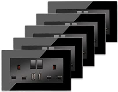 5 Pack CNBINGO Glass Double Switched Socket with 2 USB-A Charging Ports, Black Tempered Glass Panel Wall Outlet, 2 Gang 13 Amp Electric Power Socket