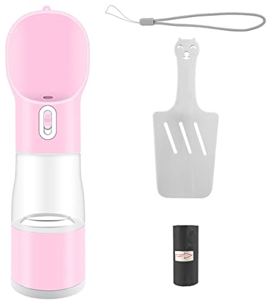 Foern Botella de Agua 4 en 1 para Perros con Taza de Golosinas y Dispensador de Bolsas de Basura y Empujón para Recoger Caca, Dispensador de Agua Plegable para Perros,Pink