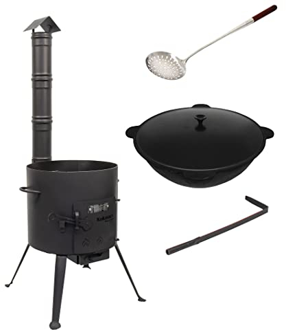 Kukmara Utschak mit Abzugs-Rohr, 45cm + 16 Liter Gusseisen Kazan INNEN GLATT + 50cm Schaumlöffel - Feldküche, Gulaschkessel Feuerkessel Feuer-Ofen Outdoor für Kazan Kasan 15 16 L