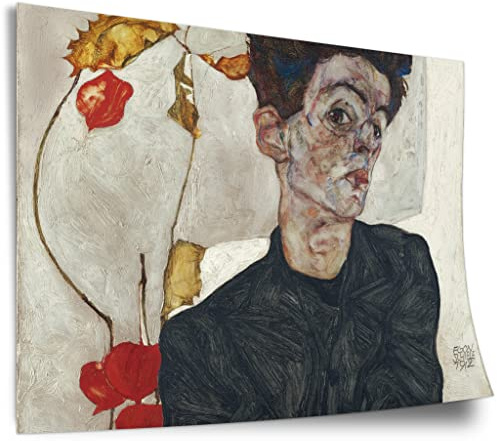Printistico Poster Egon Schiele - Selbstportrait mit Physalis Kunstdruck ohne Rahmen, Wandbild - A4, A3, A2, A1, A0, XXL - Wohnzimmer, Schlafzimmer, Küche, Deko