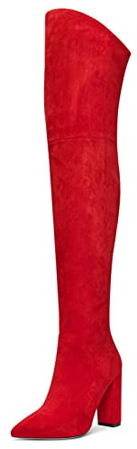 Aachcol Donna Sopra il Ginocchio Stivali Chunky Blocco Alto High Tacco Heel a Punta Cerniera 10 CM Rosso Scamosciato 43 EU