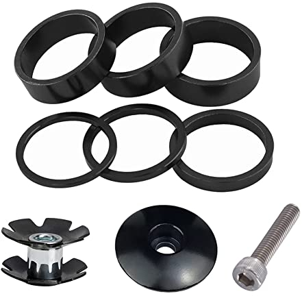 Saipor 9PCS Aluminium Alloy Bicycle Headset Spacer 1-1/8 inch Bicycle Front Fork Stem Spacers Kit 2mm, 3mm, 5mm, 10mm with Stem Top Cap, Long Bolt, Headset Star Nut for MTB BMX Road Bike (Black)