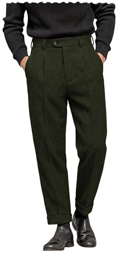 AeoTeokey Men's Suit Pant Herringbone Tweed Dress Vintage Trousers Casual Thick Wool Pleated Front