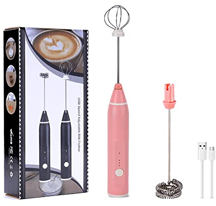 Espumador de Leche Eléctrico, Mini Espumador de Leche Eléctrico Recargable Usb De 3 Velocidades Ajustable Con 2 Cabezales De Mezcla Diferentes, Adecuado Para Café, Huevos (Rosa)