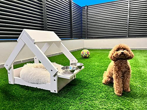 Skraut Home - Hundehütte für den Innenbereich, Farbe Weiß – Bett aus Naturholz, FSC, für kleine und mittelgroße Hunde und Katzen – Haus für Tiere – 2 Napfhalterungen. 76 x 44 x 55 cm
