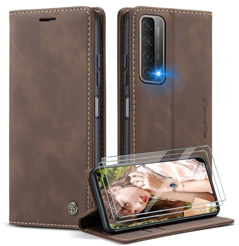 Caseme Cover per Huawei P smart 2021/NOVA Lite 3 con [2 Pezzi Vetro Temperato],Flip Custodia Pelle PU Libro Portafoglio con [Slot Cart] [Supporto Stand] [Magnetica], Marrone Scuro