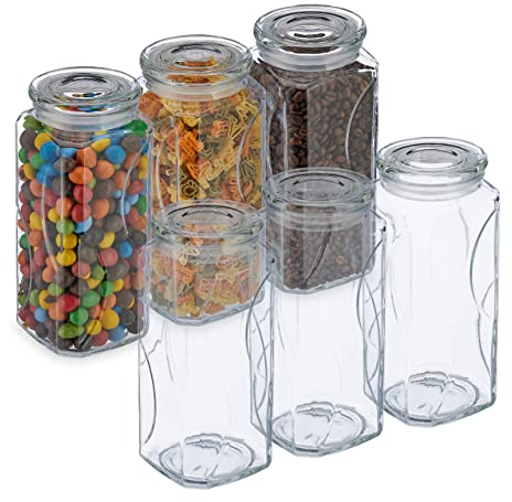 Relaxdays Vorratsgläser mit Deckel, 6er Set, Glas, 1300 ml, eckige Vorratsdosen, luftdichte Glasbehälter, transparent