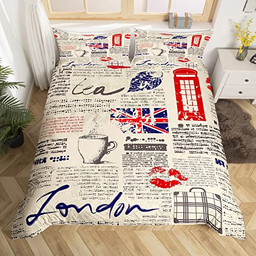 Manfei London Kinder Bettbezug Set S Größe,Berühmte England City Gebäude Bettwäsche Set,Mädchen Erwachsene,Telefonkabine Alte Zeitung Graffiti Tröster Abdeckung,Vintage Quilt Cover,1 Kissenbezug