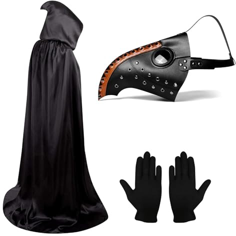 Lifreer Halloween Pest Arzt Maske, Halloween Kostüm Requisiten, Pest Arzt Kostüm, Steampunk Halloween Maske, lange Nase Vogelschnabel Maske mit Handschuhen, Kapuzenmantel für Halloween Cosplay Party