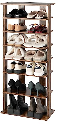 COSTWAY 8 stufiges Schuhregal schmal, Schuhschrank aus Holz höhenverstellbar, Schuhständer Schuh-Organizer vertikal, Freistehender Eckregal Standregal für Eingang, Flur (Braun, Doppel)
