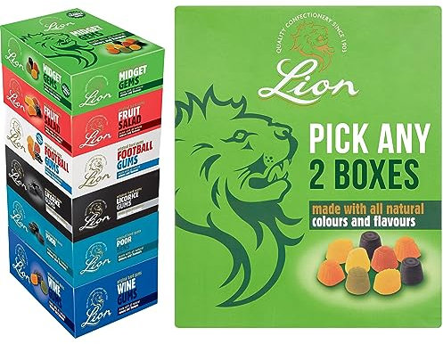 Lion 2kg Boxes Pick Any 2, You Choose the Ones You Want; Lion Midget Gems, Football Gums, Licorice Gums, Wine Gums, Fruit Salad And Poor Bens