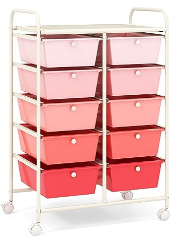 COSTWAY Rollwagen mit 10 stapelbaren Schubladen, Schubladenwagen Rollcontainer mit Metallgestell und Ablagefläche, Badrollwagen Aufbewahrungswagen für Büro, Wohnzimmer, 65,5 x 37 x 87 cm