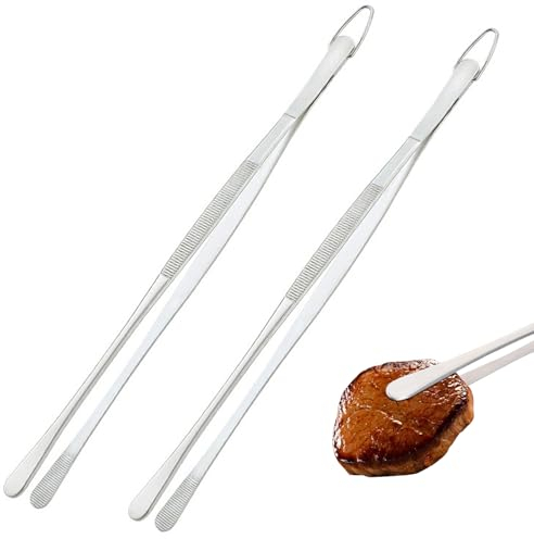 Kochpinzette Grillzange Edelstahl, 32cm küchenpinzette Zangen Präzision Gezackte Spitzen, mit Haken Edelstahl Professionelle Kochpinzette Küchenwerkzeuge zum Grillen, Beschichten und Servieren