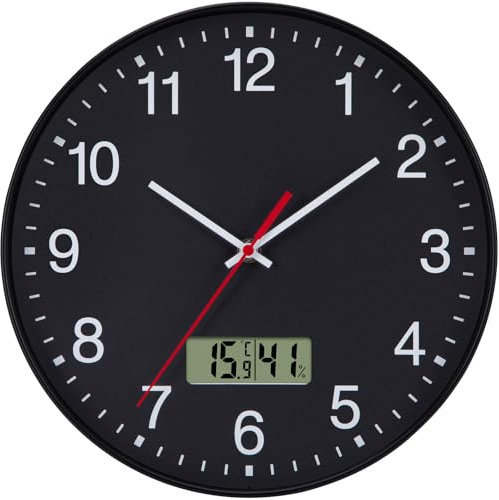 VIVILINEN Lautlos Wanduhr mit Temperaturanzeige und Luftfeuchtigkeit Modern Quarzuhr Ohne Tickgeräusche für Wohnzimmer Schlafzimmer Büro Küche 30cm (Schwarz)