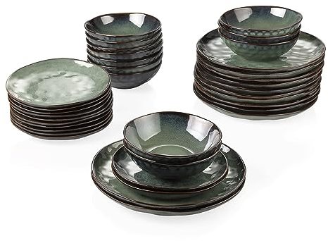 Servizio da tavola da 36 pezzi Set di stoviglie in gres verde in ceramica dall'aspetto vintage con piatto da dessert e ciotola