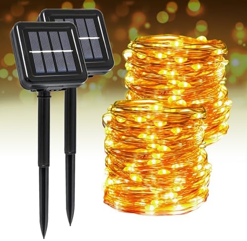 Segotendy Solar Lichterkette Aussen, 2 Stück Gesamtlänge 44M 400LED, IP65 Wetterfest 8 Modi KupferDraht Solarlichterkette Außen Warmweiß für Weihnachtsbeleuchtung Weihnachten Deko Terrasse Balkon
