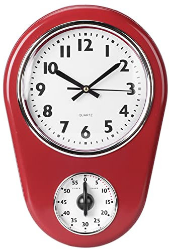 Gsycle Rote Küchenwanduhr, Vintage-Küchenuhr Mit Timer, Küchenwanduhr Mit Großem Display Für Zuhause, Küche, Restaurant, Café