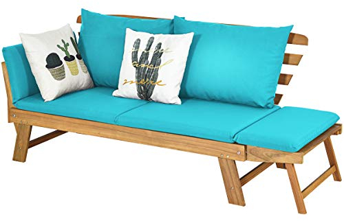 COSTWAY Gartenbett, ausklappbar, 2-Sitzer, aus Akazienholz, mit Kissen, Gartensofa 2-in-1 mit verstellbarer Armlehne, Belastung 320 kg, für Terrasse, Pool, Hof, Blau