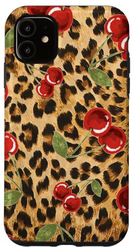 iPhone 11 Cherry Cherries On Cheetah Leopard Print Case