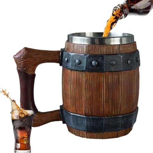 WJnflQN 600ml Vintage Faux Oak Wood Beer Mug Tankard Style Coffee Mugs Handmade Beer Stainless Steel Resin Beer Tankard Cup Large Capacity Antique Men's Barrel Beer Cup Barrel Brown Classic Design