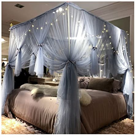 Sommer-Luxus-Bettzelt, Moskitonetz, Prinzessinnenzimmer, Schlafzimmer, dekorativer Bettvorhang mit Schleifenfransen für Einzelbett, Doppelbett (Farbe: Blau, Größe: 150 x 200 cm/59 x 79 Zoll)