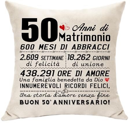 Hasodeo Regalo per 50° Anniversario di Matrimonio Copricuscino 45x45 Cuscino Decorazione Original 50 Anni di Matrimonio Regalo Nozze d'Oro Regali per Coppia Moglie e Marito Genitori Nonni (50 anni)
