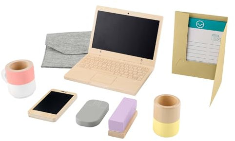 Fisher-Price Coffret Télétravail en Bois de 9 éléments avec ordinateur portable et téléphone en bois pour le jeu d’imitation, pour enfants à partir de 3 ans, HXV11