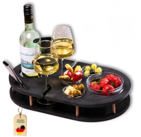 Couchbar Weinbar in schwarz mit 4 Glasschalen | Snackbar für Wein mit Getränkehalterung für Weingläser und Weinflasche | Sofabar für Snacks | Couch Tablett | Couchbar Snackbox