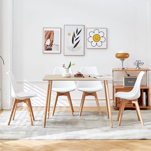 LafeuR Esszimmergruppe Esstisch mit 4 Stühlen Essgruppen, Rechteckig Küchentisch-Set für 4 Personen Sitzgruppe für Wohnzimmer Küche Büro(Eiche Tisch+4 Weiß Esszimmerstühle)