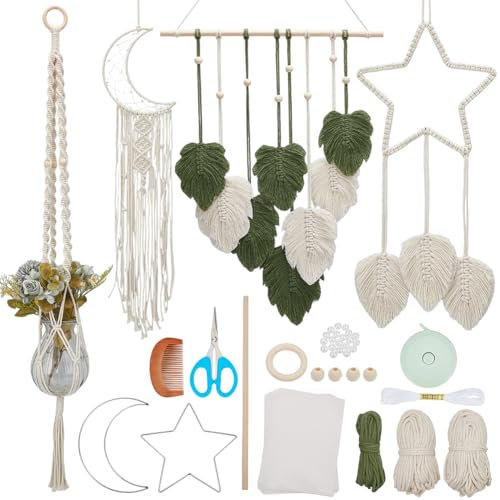 ORIGACH 4 in 1 DIY Macrame Kit for Beginner Adults, Easy Macrame Dreamcatcher Wall Hanging and Plant Hanger kit with Instruction for Macrame Starters
