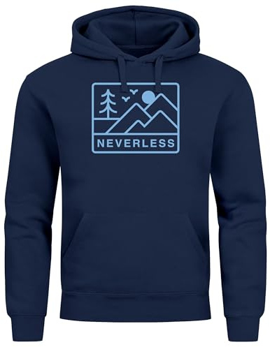 Neverless® Hoodie Herren Print Outdoor Grafik Line Art Berge Natur Aufdruck Kapuzen-Pullover Männer Fashion Streetstyle Navy-hellblau M