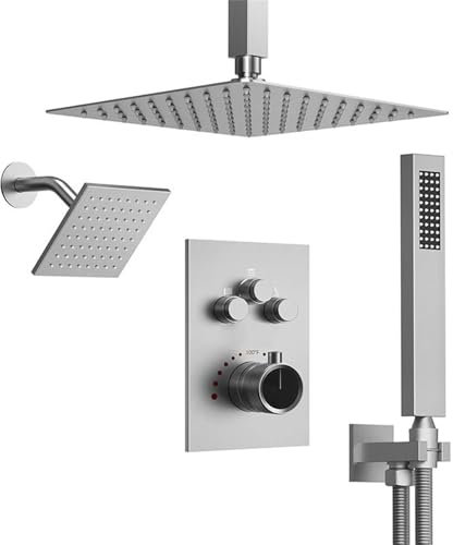 SWHC Duschsystem mit Thermostat, 3 Funktionen Unterputz Duscharmatur Set Wandmontiertes Dusche Regendusche Set Messing Duschgarnitur mit 2 Regendusche, Handbrause
