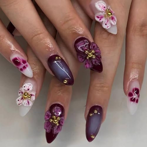 Ceboic 24Pcs Almond Medium Long False Nails, French Tip Press-on With 3D Peach Blossom and Cute Cat's Paw Design, Removable Glue-on Acrylic Full Cover Stick-on for Women