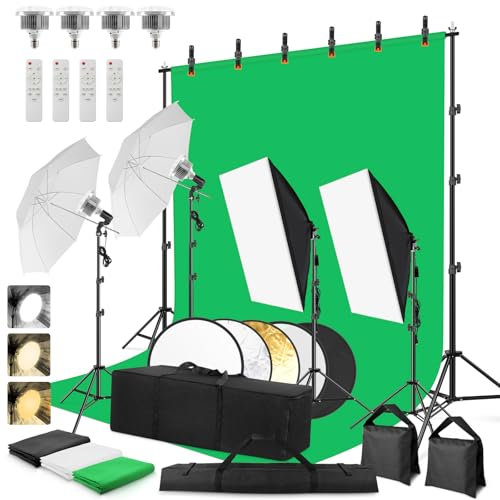 Fotostudio Set, Foccalli Softbox Studio Beleuchtungsset mit 2.6x3m Hintergrundsystem Greenscreen Set, 85W 2700-6400K LED Lampen, Regenschirme, Reflektor für Fotostudio, Porträt und Video Shooting