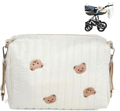 Tragbare Wickeltasche, Stickerei Bär Baby Wickeltaschen, Baumwolle Windeltasche Organizer, Mama Tasche mit Kinderwagen Haken, für Mama Baby Reise, Weiß