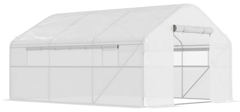 Outsunny Invernadero de Exterior 4x3x2 m Invernadero de Túnel con 2 Ventanas Cubierta de PE Anti-UV y 1 Puerta Enrollable con Cremallera Invernadero para Jardín Patio Blanco