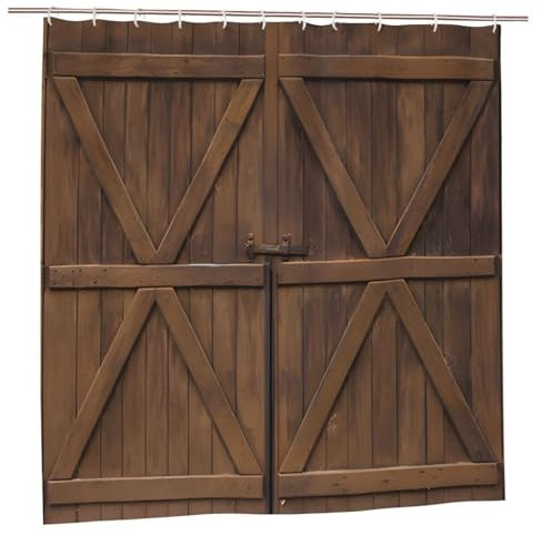 Newhomestyle Wooden Door Outdoor Garden Shower Curtain, Rustic Brown Old Hardwood Vintage Board Plank Bathroom Bath Curtain, Rural Farmhouse Door Bathtub Curtain with 12 Hooks (180X180 cm/ 71X71 in)