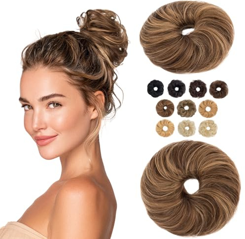 MY-LADY Haarteil Mit Gummiband Dutt Haarteil Haargummi Mit Haaren Locken 100% Echthaar, Hochsteckfrisuren Haarverlängerung für Damen Mädchen (#4P27 Mittelbraun/Dunkelblond,23g)