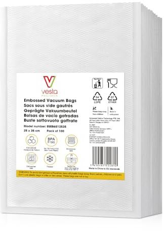 Vesta Precision Vakuumierbeutel mit Prägung zum Kochen und Verpacken | BPA-frei, 30% weniger Kunststoff, mikrowellen-, gefrier- und Sous-Vide-geeignet | 100 Einheiten à 25x35 cm