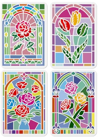 Doodlream 4 Pcs Glass Window Flowers Stencils for Painting 29.7 x 21 cm Reusable Rose Floral Art Stencil, DIY Drawing Templates for Wood Wall Fabric Glass Canvas Paper