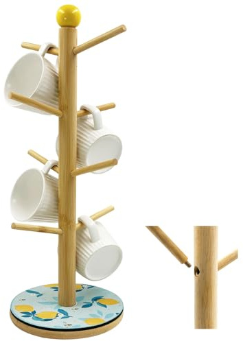 SNAIL GARDEN Screwed-in Wooden Mug Tree, 8-Cup Holder with Absorbent Mat & Ceramic Handle,Space-Saving Countertop Coffee Cup Stand Mug Tree Organiser with 8 Hooks