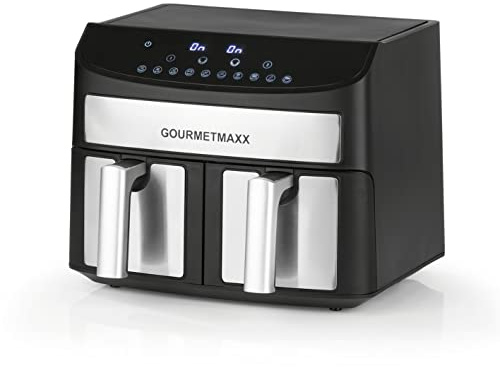 GOURMETmaxx Heißluftfritteuse Doppelkammer 2x 3,5L - Edelstahl | Airfryer mit Timerfunktion, Touchdisplay & Synchro-Garzonen | energiesparend frittieren | 10 Programme | 2400 Watt