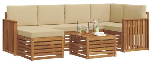 vidaXL Sofagarnituren 7 pcs Natur und Beige Massivholz Akazie, Gartenmöbel, modernes Sofa für draußen, modulare Loungemöbel, langlebige Terrassensitze und Komfort