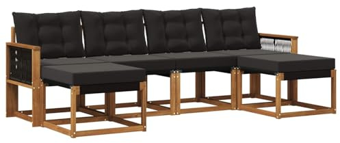 vidaXL Outdoor-Sofagarnitur mit Kissen 6 pcs Natürlich und Schwarz, Garten Ecksofa, modernes Möbel für draußen, langlebige Liege, Coole Sitzgelegenheit auf der Terrasse