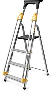 DRABEST Leiter PRO Serie Alu Klaptritt 4 Stufen Klappbare Leiter mit Sicherheits Handläufen bis 150 kg belastbar