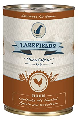 Lakefields Premium Hundefutter Nass | Huhn 61% | 6 x 400g | Getreidefreies Nassfutter für Hunde | Natürliche Zutaten in Lebensmittelqualität | Karotten, Kartoffeln & Apfel | Schonend gegart