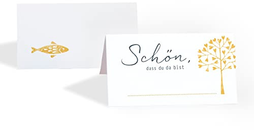 15 Tischkarten Set Platzkarten Taufe HERZBAUM GOLDGELB mit SPIEL innenseitig, Tischkärtchen zum beschriften, Namenskarten, gelb, Taufe, Kommunion, Erstkommunion, Firmung, Jubiläum Geburtstag