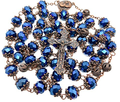 Nazareth Store Rosenkranz-Halskette mit tiefblauen Kristallperlen, Heiliger Boden, Medaille und Kreuz, antikes Design, 55,9 cm (22 zoll), Zink, Kein Edelstein