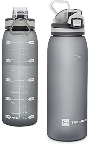 Teentumn 30oz Sport Water Bottle with Time Markers, Large Durable Gym Plastic Bottle Tritan BPA Free for Fitness, Outdoor Enthusiasts, Leakproof Gray (Pack of 1)
